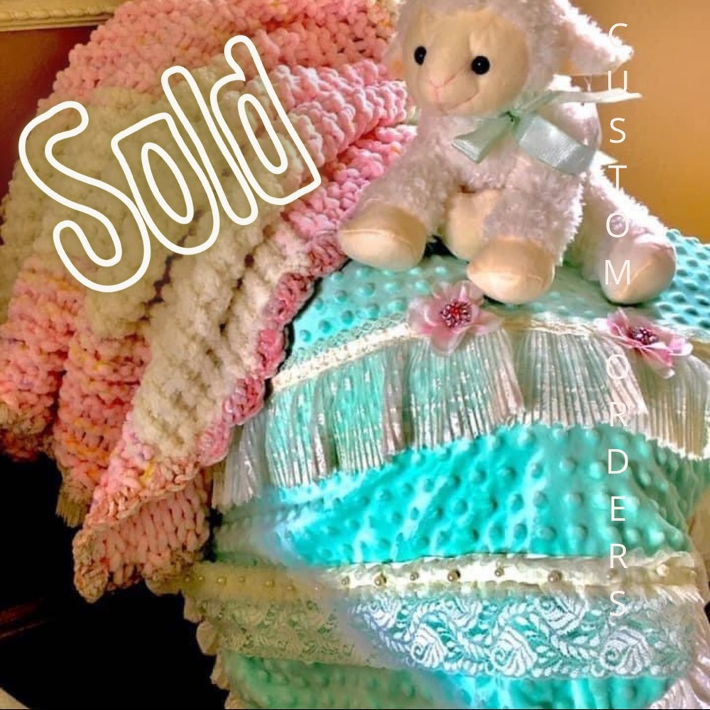 HAND CROCHETED BABY BLANKET AND HANDMADE LACE TRIM BABY BLANKET BUNDLE